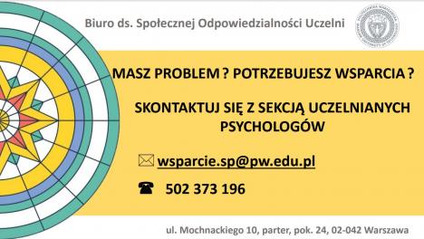 Grafika z danymi kontaktowymi wsparcia psychologów na PW